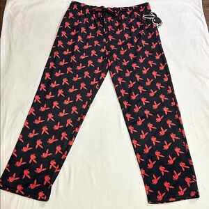 Playboy Men’s XL Lounge Pants NWT Black Red Bunny Print Drawstring & Pockets